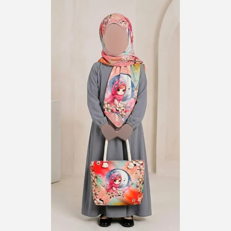 ست کیف و روسری بچگانه نخی دور دوخت با کیف مخمل ضخیم چاپی