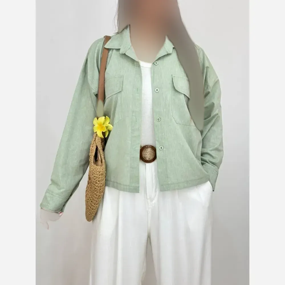 شومیز باکسی دوجیب لینن زنانه رنگ سبز و آبی فری سایز