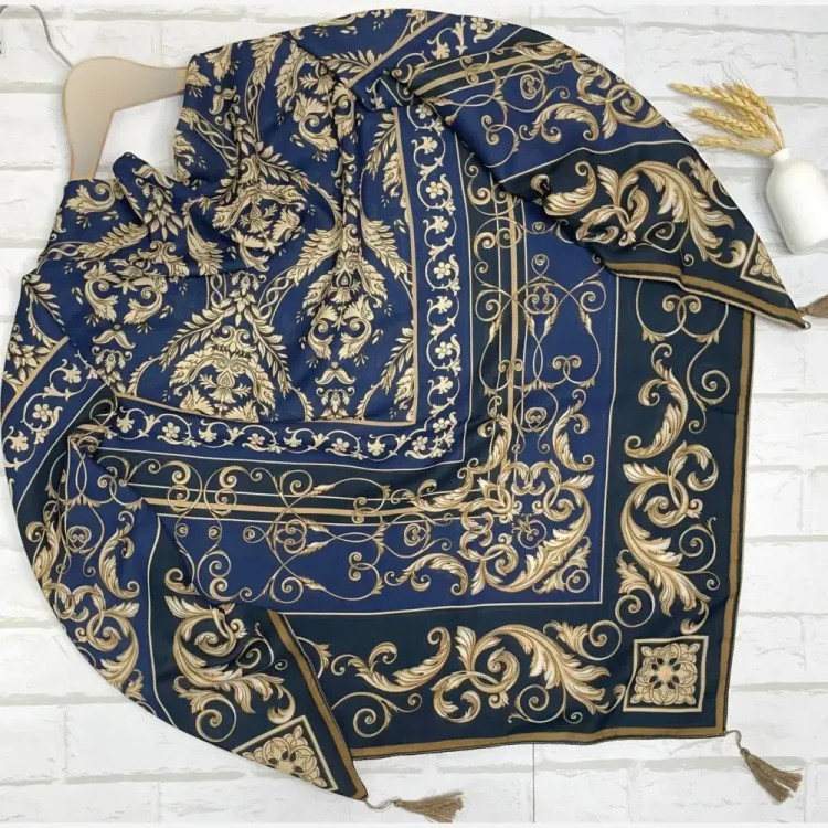 روسری الیزابت نخی قواره 130 رنگ طلایی و سرمه ای