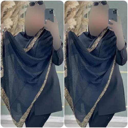 شال حاشیه پلنگی پلیسه ریز مشکی مجلسی سایز آزاد