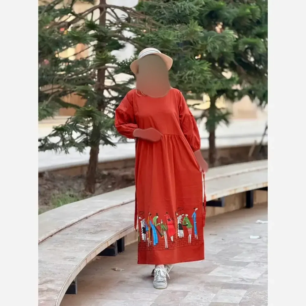 پیراهن لینن طرح سرخپوستی فری سایز مدل بلند