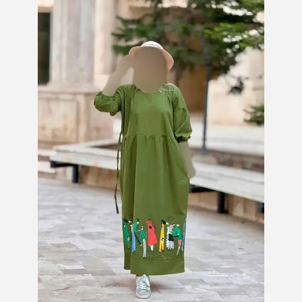 پیراهن لینن طرح سرخپوستی فری سایز مدل بلند
