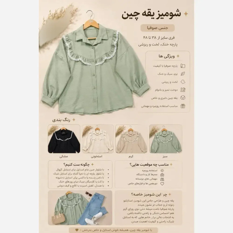 شومیز یقه چین جنس صوفیا فری سایز رنگ مشکی استخونی کرم سبز