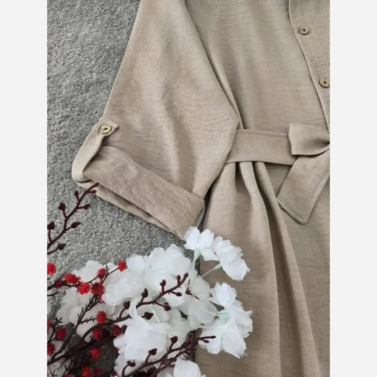 مانتو شانتون بلند فری سایز کمربنددار مدل نگاه رنگ نسکافه ای کرم خاکی زرشکی