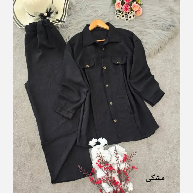 ست مانتو شلوار زنانه جنس شانتون فری سایز رنگ مشکی کرم نسکافه ای