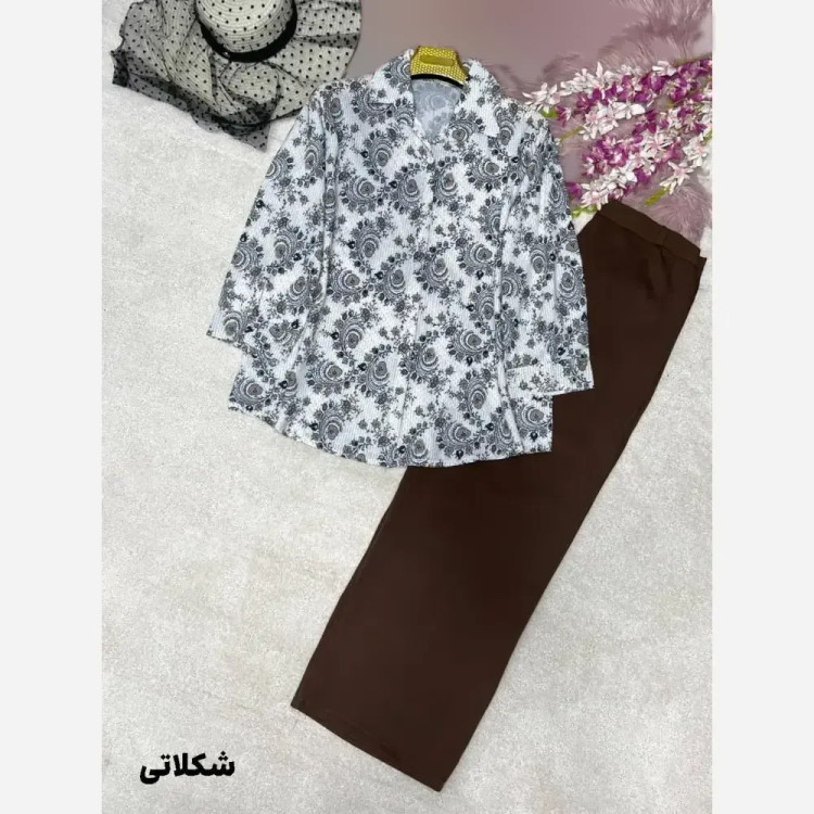ست شومیز شلوار بته جقه شومیز بوگاتی چاپی شلوار مازراتی فری سایز