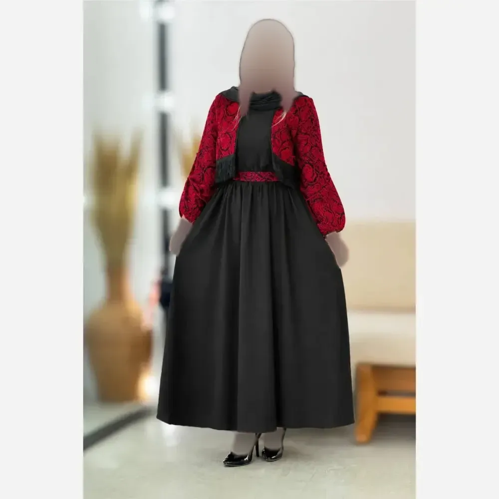 ست چهارتکه کت تافته سوزن دوزی و سارافون کرپ اندونزی مدل شکرانه فری سایز
