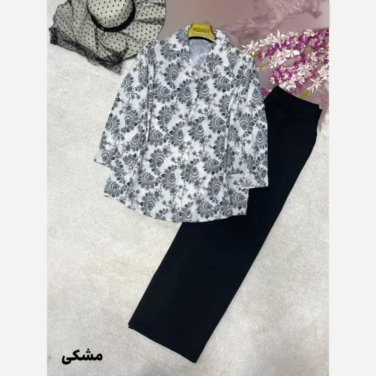 ست شومیز شلوار بته جقه شومیز بوگاتی چاپی و شلوار مازراتی فری سایز