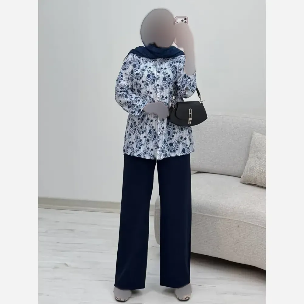 ست شومیز شلوار بته جقه شومیز بوگاتی چاپی و شلوار مازراتی فری سایز
