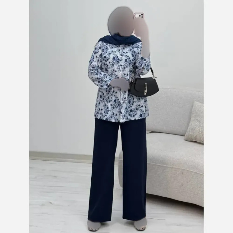 ست شومیز شلوار بته جقه شومیز بوگاتی چاپی و شلوار مازراتی فری سایز