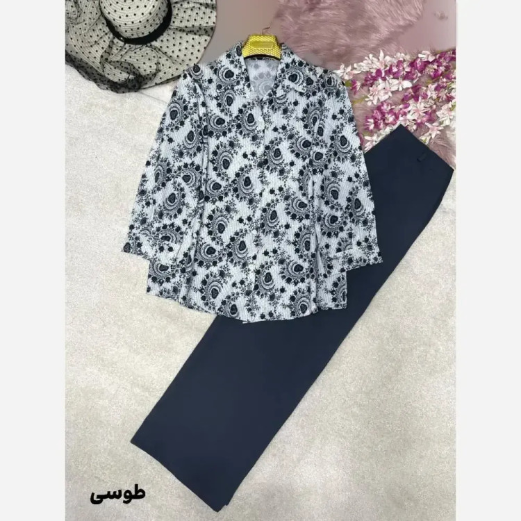 ست شومیز شلوار بته جقه شومیز بوگاتی چاپی و شلوار مازراتی فری سایز