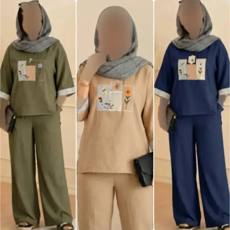 ست تونیک و شلوار شانتون زنانه مدل میشکا سایز 38 تا 46 رنگ نسکافه ای کرم سبز