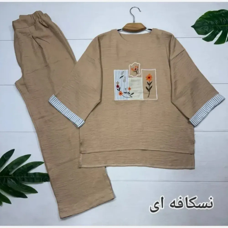 ست تونیک و شلوار شانتون زنانه مدل میشکا سایز 38 تا 46 رنگ نسکافه ای کرم سبز