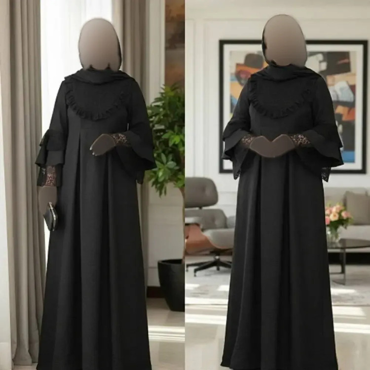 عبا زنانه مدل یاس جنس بابوس و تور دانتل رنگ مشکی فری سایز 38 تا 48