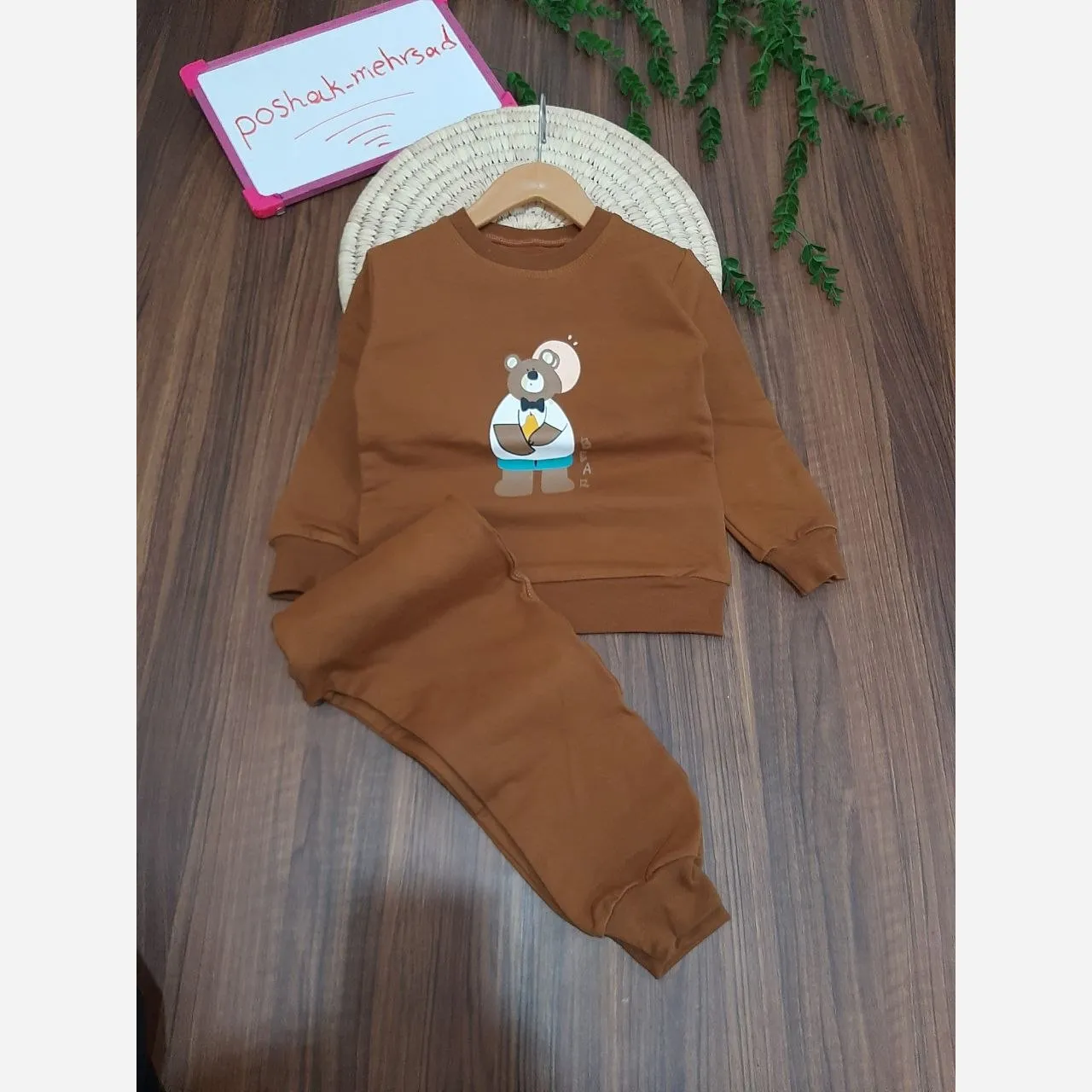 ست بلوز شلوار تدی اسپرت دخترانه و پسرانه دورس پنبه سبز و قهوه ای سایز 45 تا 55