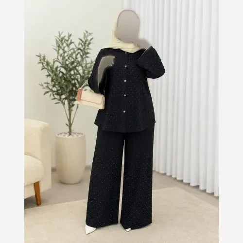 ست شومیز شلوار نگینی مدل دیبا ژاکارد نگین کاری شده رنگ مشکی سایز 38 تا 48