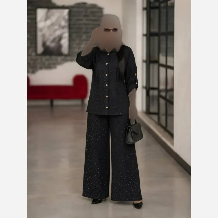 ست شومیز شلوار نگینی مدل دیبا ژاکارد نگین کاری شده رنگ مشکی سایز 38 تا 48