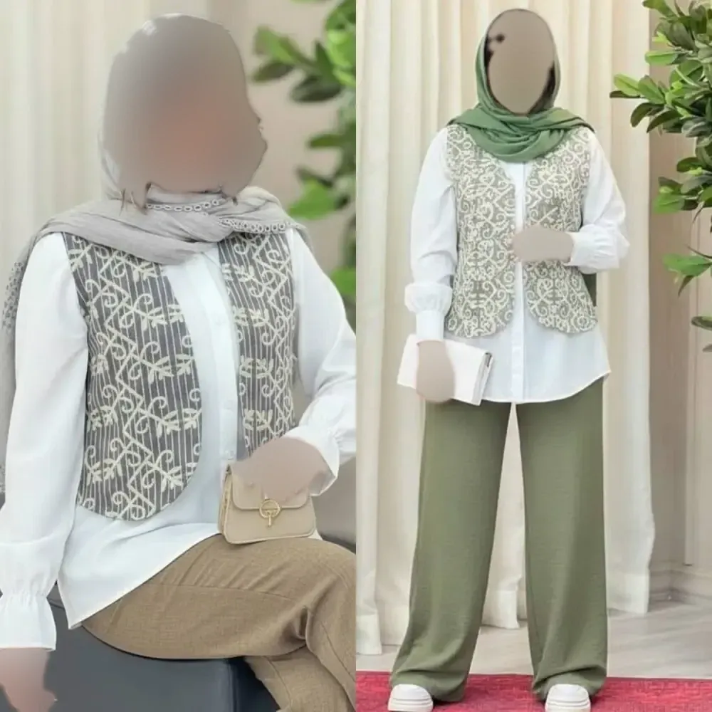 ست شومیز داکرون و شلوار شانتون و جلیغه خامه دوزی مشکی فری سایز