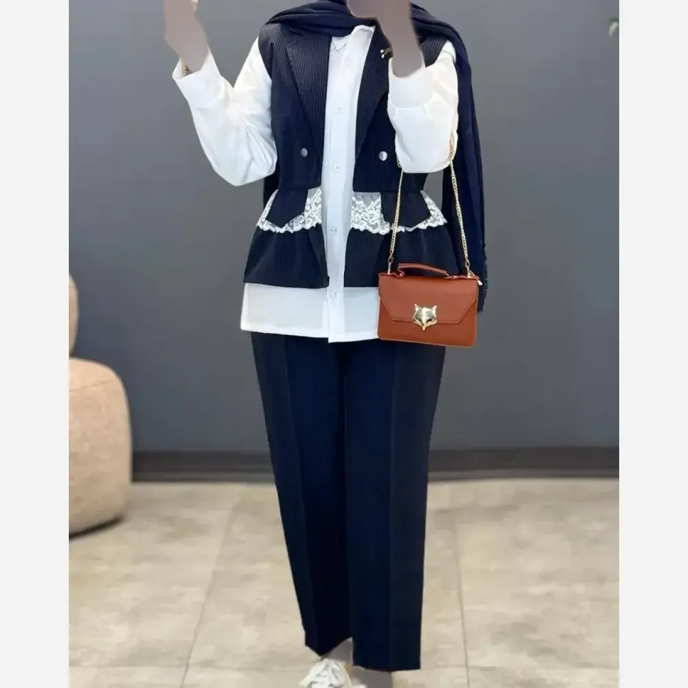 ست سه تیکه زنانه شومیز وست و شلوار جنس تترون و دیپلمات فری سایز تا 46