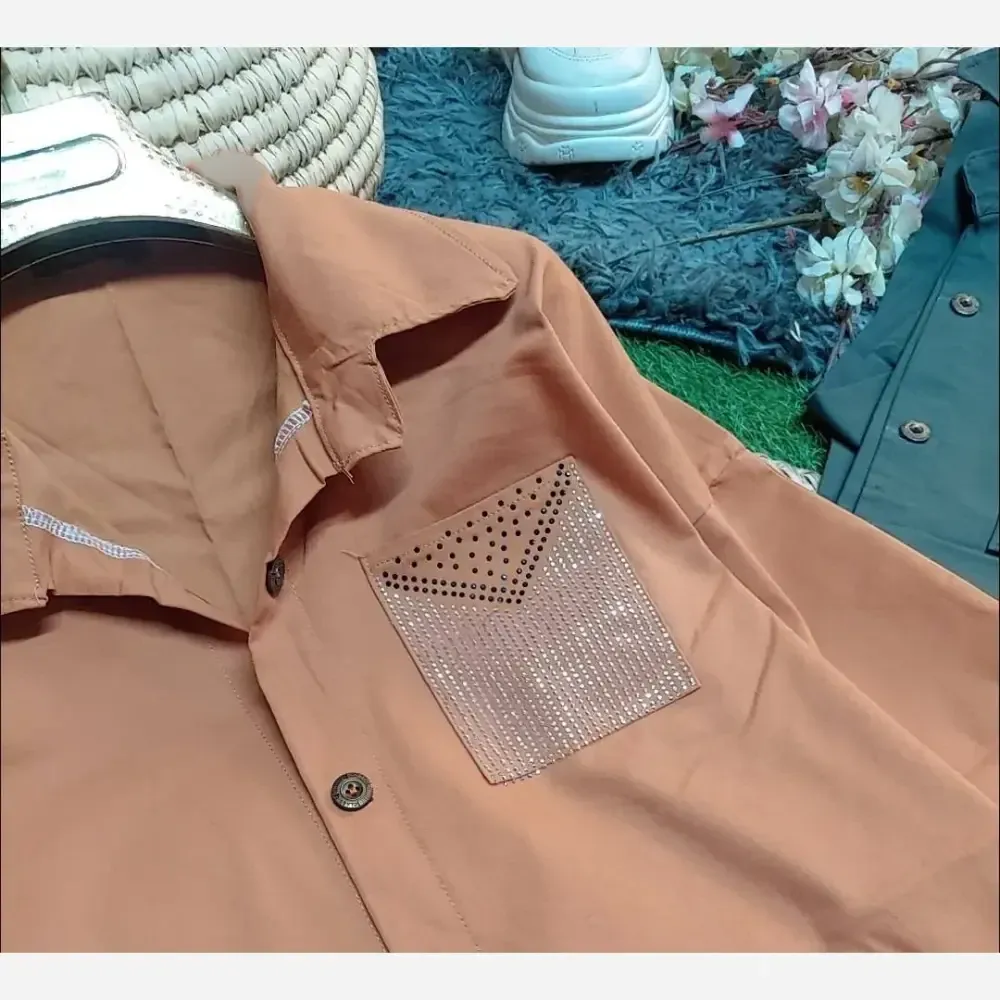 شومیز جیب نگین کتان زنانه کتان اعلا وارداتی فری سایز 38 تا 46