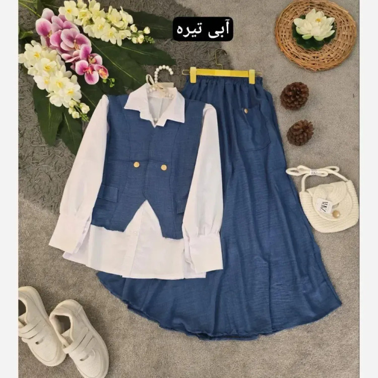 سه تیکه شومیز جلیقه و دامن مدل ژینا جنس شانتون فری سایز