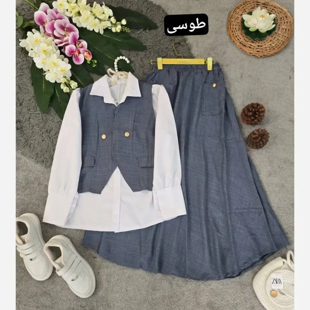 سه تیکه شومیز جلیقه و دامن مدل ژینا جنس شانتون فری سایز