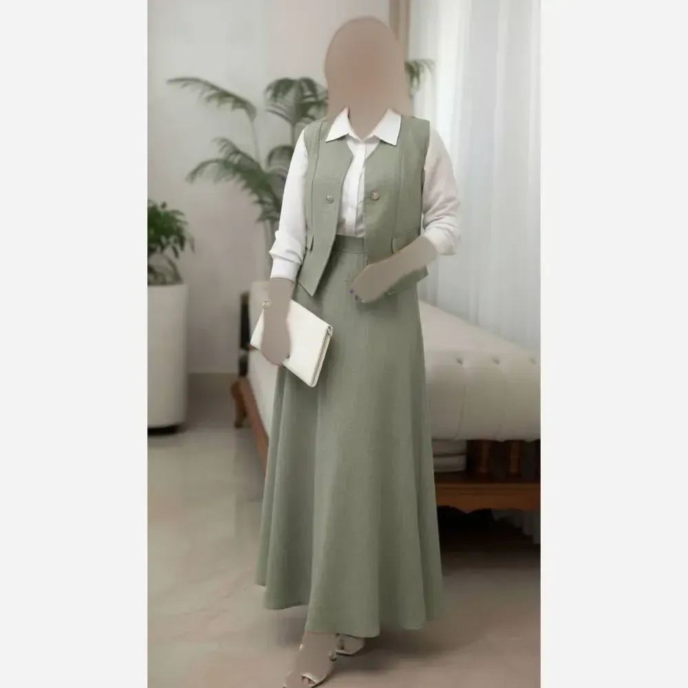 سه تیکه شومیز جلیقه و دامن مدل ژینا جنس شانتون فری سایز