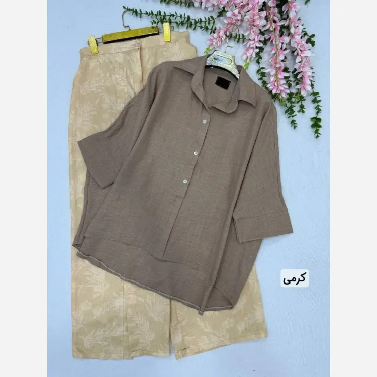 ست شومیز شلوار زنانه هیوا مدل بوگاتی و کرسپو رنگ کرمی سایز 38 تا 42