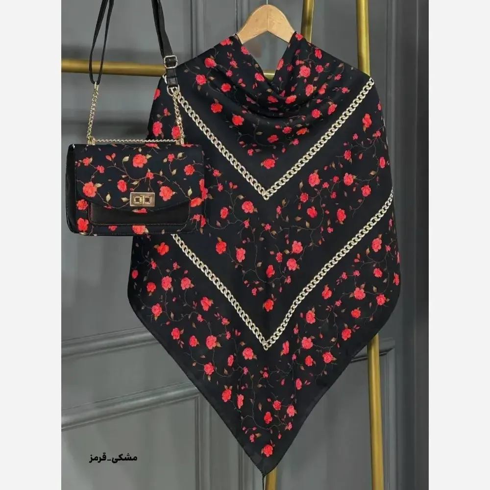 ست کیف و روسری مخمل و چرم صنعتی نخی منگوله دار طرح گلسار