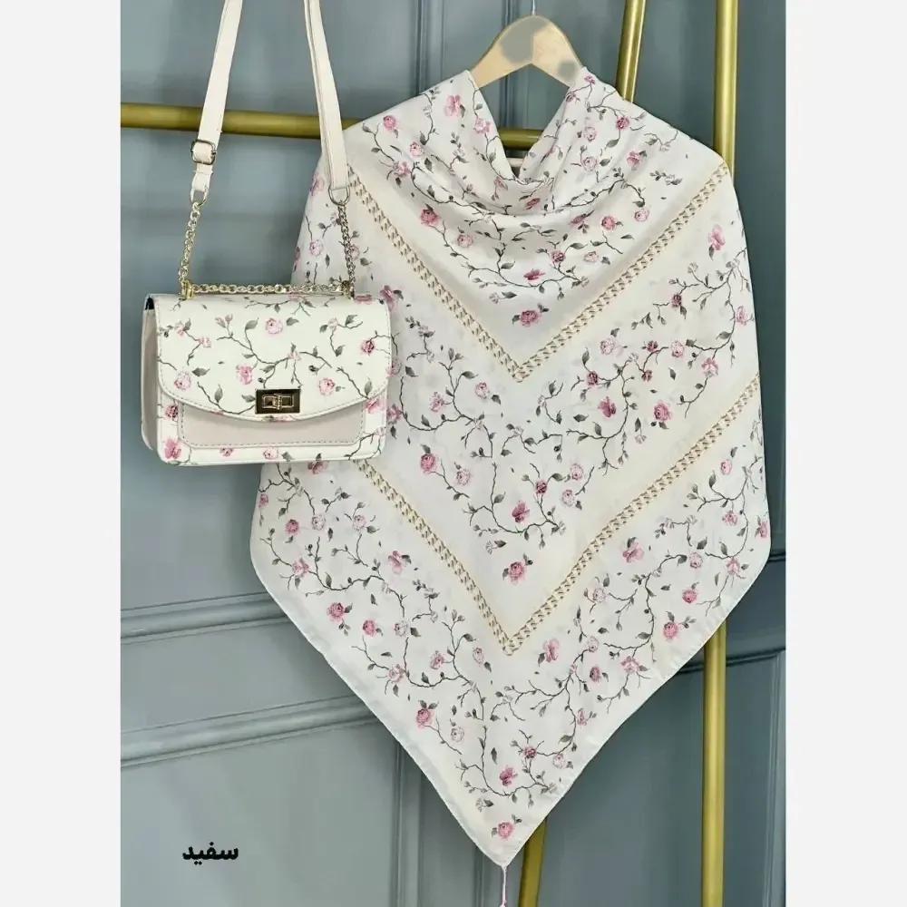 ست کیف و روسری مخمل و چرم صنعتی نخی منگوله دار طرح گلسار