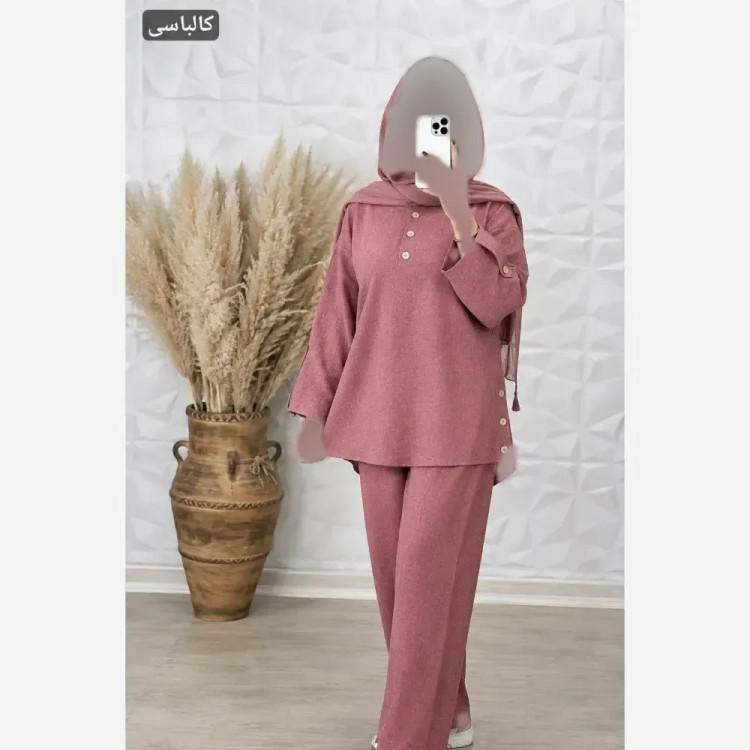 ست شومیز و شلوار زنانه جنس شانتون فری سایز رنگ کالباسی و آجری