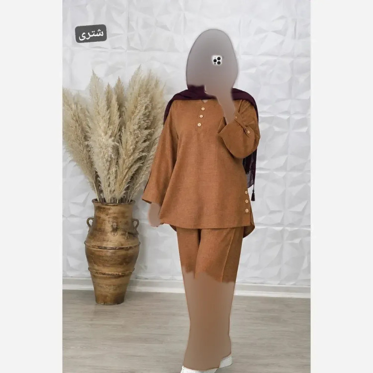 ست شومیز و شلوار زنانه جنس شانتون فری سایز رنگ کالباسی و آجری