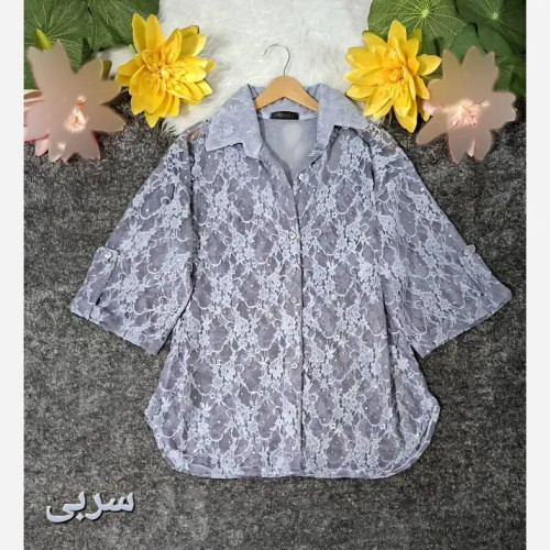 بلوز گیپور شیشه ای مجلسی زنانه آستین سه ربع پاگن دار فری سایز