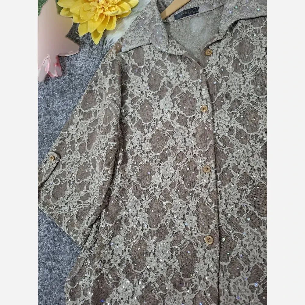 بلوز گیپور شیشه ای مجلسی زنانه آستین سه ربع پاگن دار فری سایز