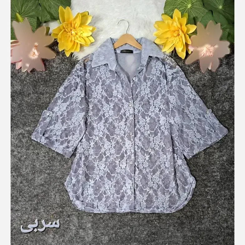 بلوز گیپور شیشه ای مجلسی زنانه آستین سه ربع پاگن دار فری سایز