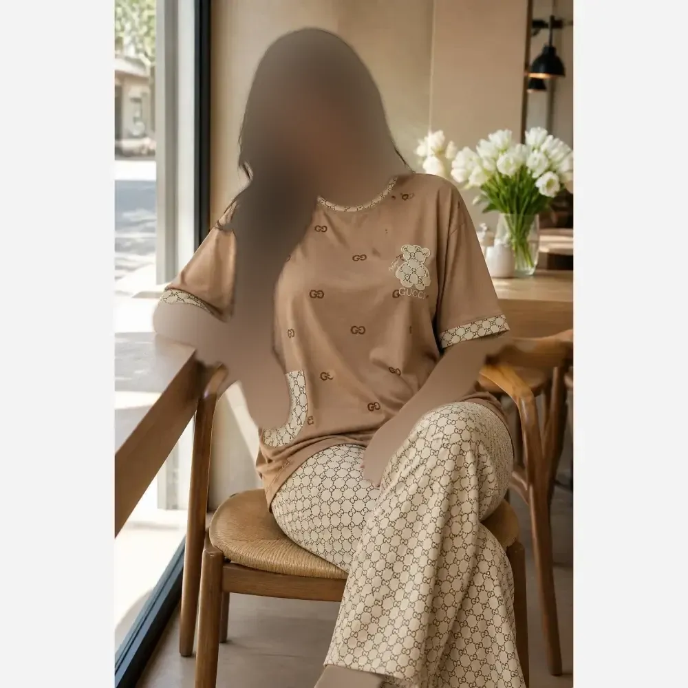 ست تیشرت شلوار گوچی خرسی جنس گلکسی نخ پنبه سایز فری 38 تا 48