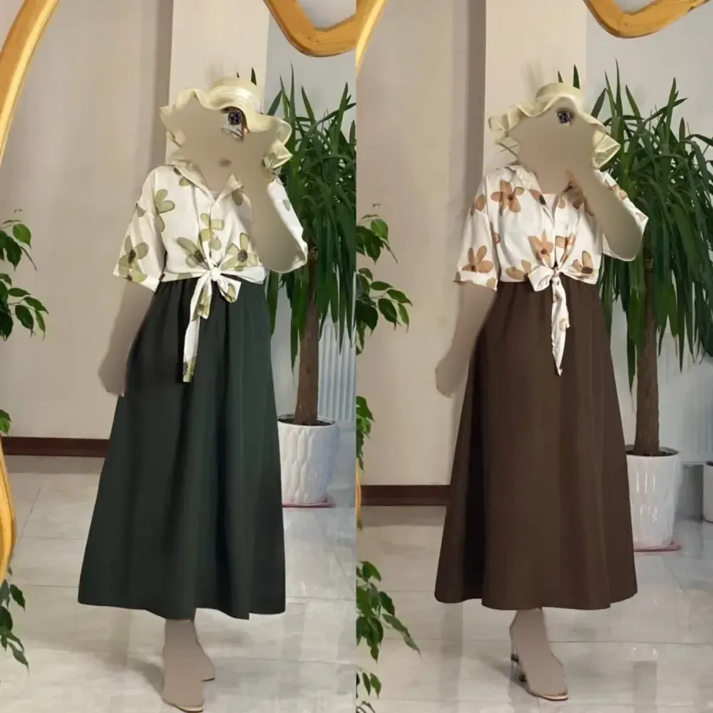 ست شومیز گره ای بوگاتی و دامن لنینت فری سایز رنگ مشکی قهوه ای سبز