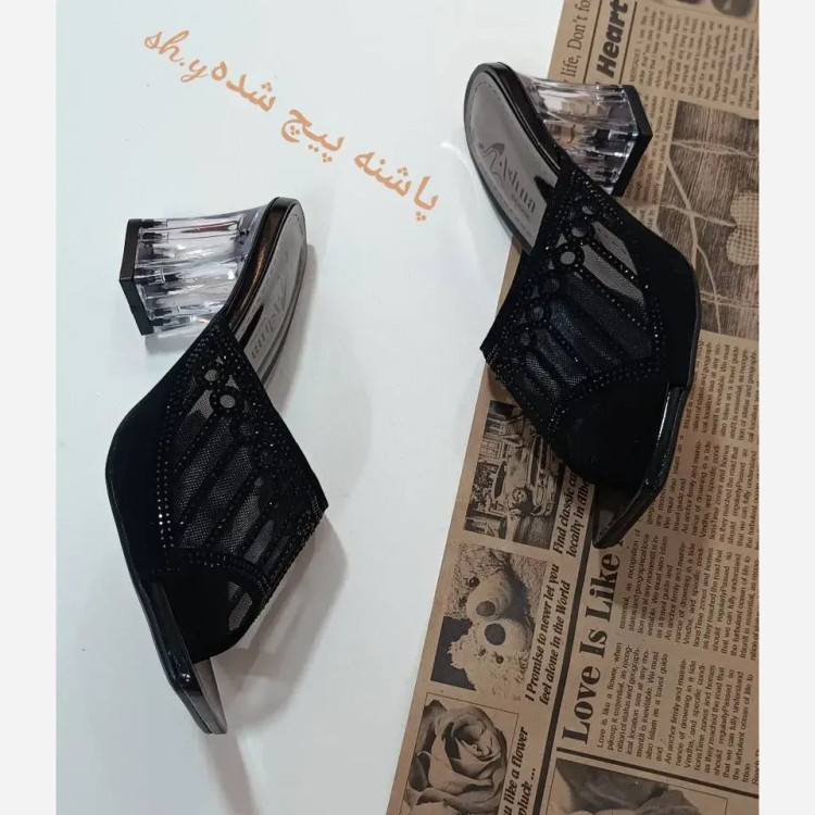 کفش مجلسی زنانه پاشنه شیشه ای تور سوییت نگین دار مشکی