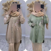 شومیز مانتویی آرتینا گلدوزی شده جنس شانتون در رنگبندی کرم، نسکافه ای، سبز سدری، سرمه ای و قهوه ای