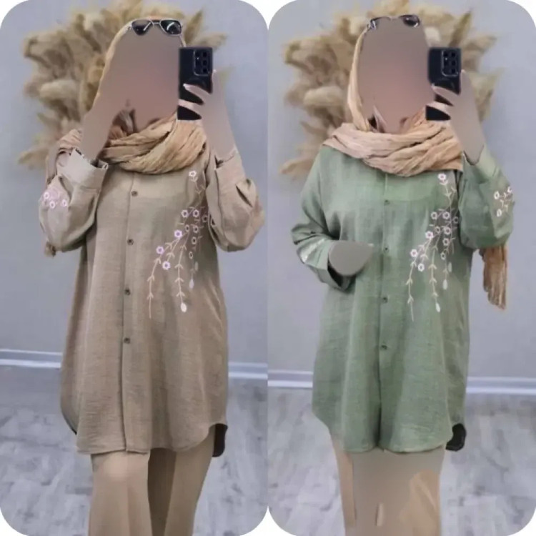 شومیز مانتویی آرتینا گلدوزی شده جنس شانتون در رنگبندی کرم، نسکافه ای، سبز سدری، سرمه ای و قهوه ای