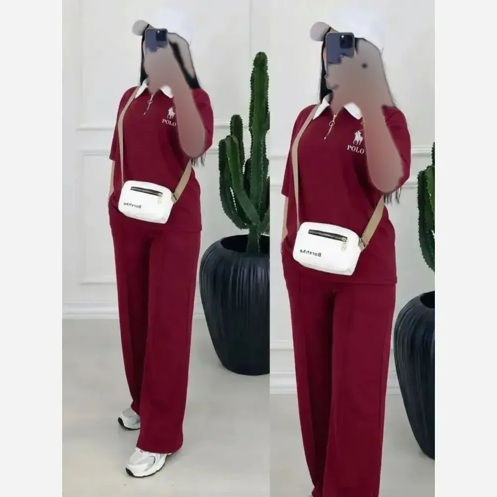 ست پولوشرت نیم زیپ و شلوار polo گلکسی نخ پنبه فری سایز زنانه