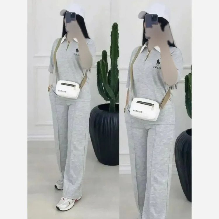 ست پولوشرت نیم زیپ و شلوار polo گلکسی نخ پنبه فری سایز زنانه