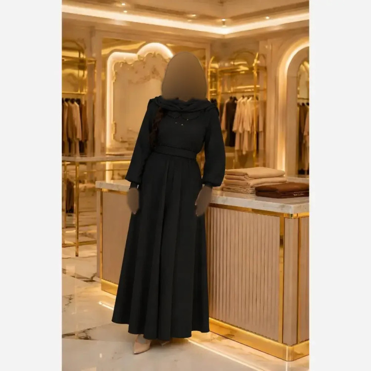 پیراهن بلند زنانه پارچه الیزه مرواریددوزی شده سایز بزرگ کمربنددار دامن کلوش
