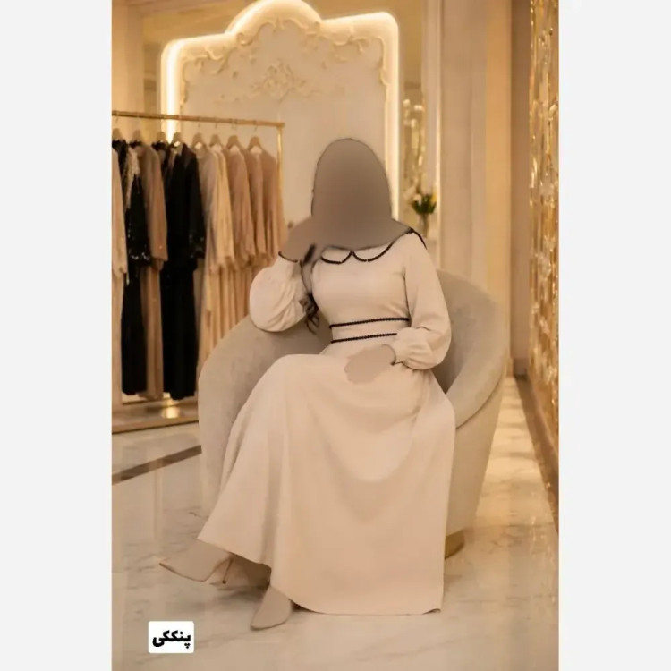 پیراهن بلند زنانه پارچه الیزه مرواریددوزی شده سایز بزرگ کمربنددار دامن کلوش