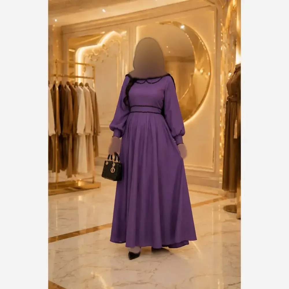 پیراهن بلند زنانه پارچه الیزه مرواریددوزی شده سایز بزرگ کمربنددار دامن کلوش