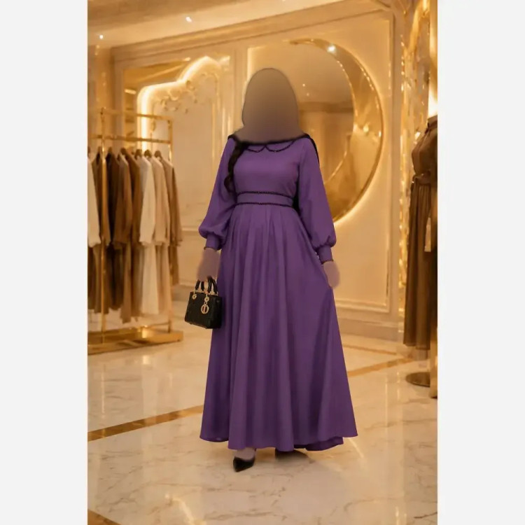 پیراهن بلند زنانه پارچه الیزه مرواریددوزی شده سایز بزرگ کمربنددار دامن کلوش