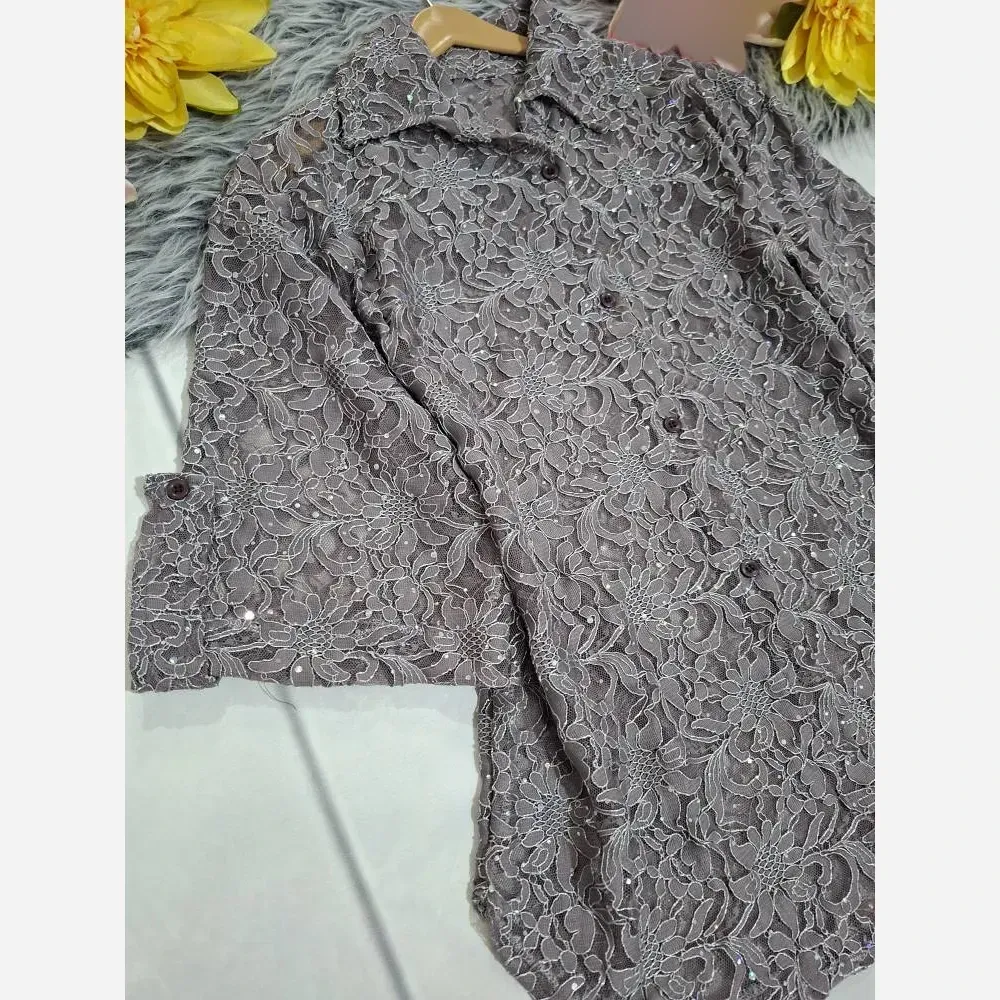 بلوز زنانه مجلسی آستین سه ربع دانتل شیشه ای سایز بزرگ