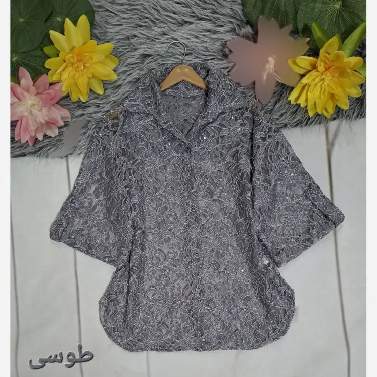 بلوز زنانه مجلسی آستین سه ربع دانتل شیشه ای سایز بزرگ