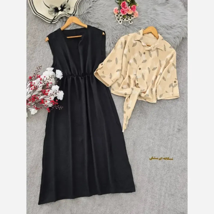 ست شومیز گره ای و سارافون شایلی جنس شانتون فری سایز
