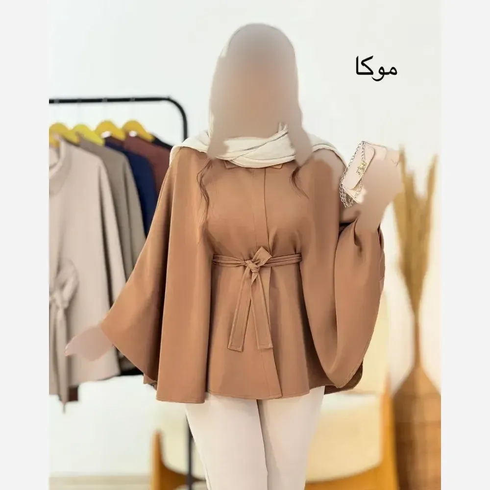 کت زنانه جنس مازراتی کمربند دار فری سایز رنگ کرم و موکا